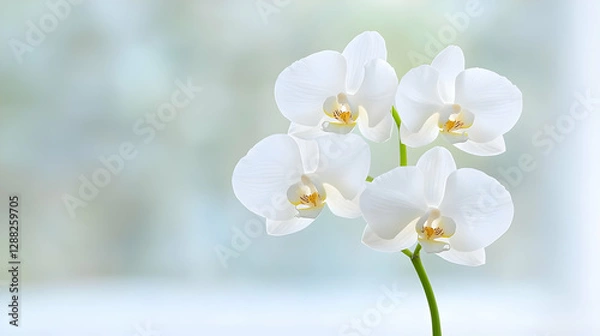 Fototapeta White orchids bloom near window, serene background