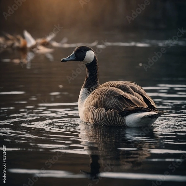 Fototapeta A goose standing near a floating feather, symbolizing lightness.