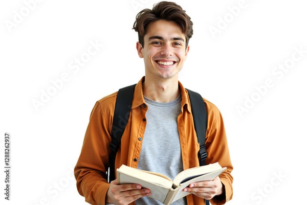 Fototapeta Smiling college student holding book isolated on transparent background. Cheerful portrait for education, presentations, and website graphics. Back to school theme.