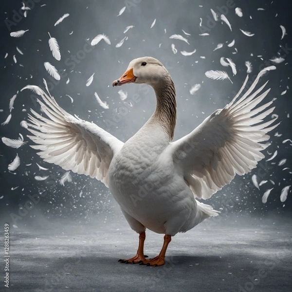 Fototapeta A goose surrounded by softly falling white feathers on a seamless background.