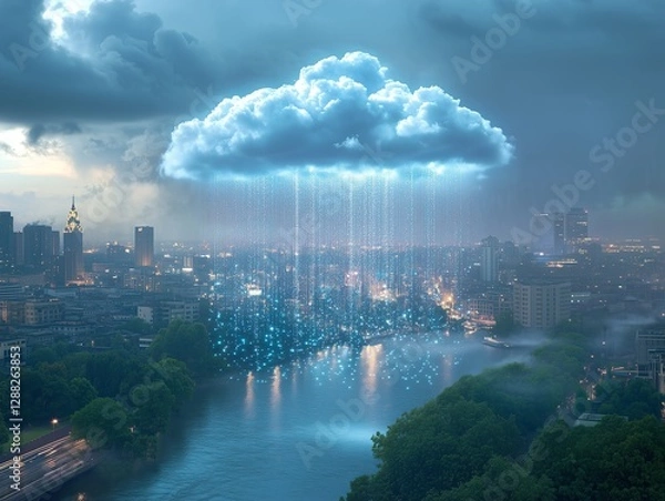 Fototapeta A digital cloud symbolizing modern technology connects data circuits, in the big city background.