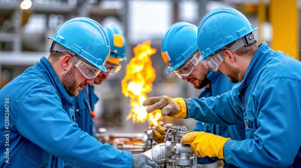 Fototapeta A group of men in blue uniforms and hard hats working on a machine