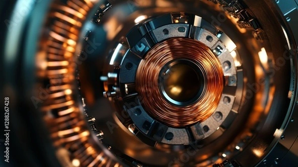 Fototapeta Close-up view of a metallic coil with copper wiring inside a futuristic machine, showcasing intricate details