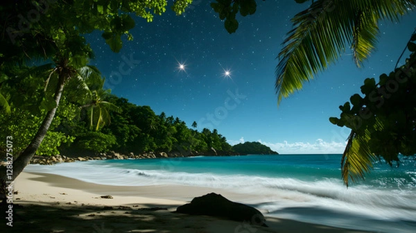Fototapeta An enchanting view of the Southern Cross constellation above a tropical beach.