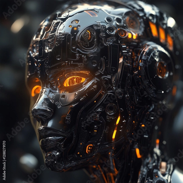 Fototapeta Futuristic robotic face with glowing accents in a dark environment showcasing advanced technology