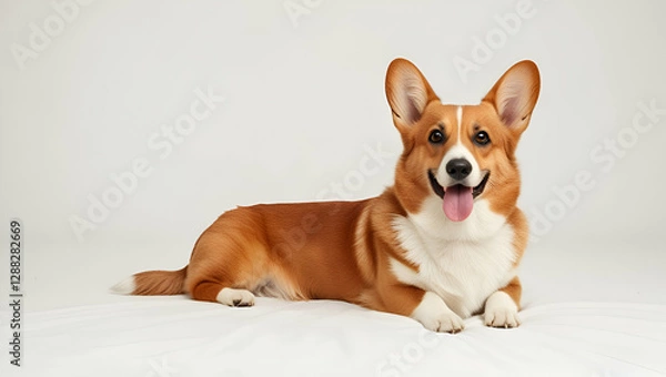 Fototapeta A fluffy Welsh Corgi sitting proudly, its short legs and signature smile making it even more charming on a crisp white background.