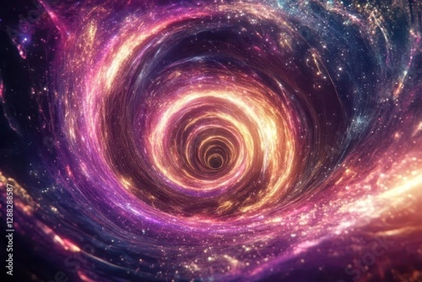 Fototapeta quantum tunnel visualization with spiraling neon energy streams fractal patterns and stellar phenomena in deep space