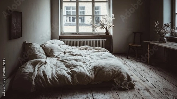 Fototapeta A cozy minimalist bedroom with a linen duvet and natural decor.