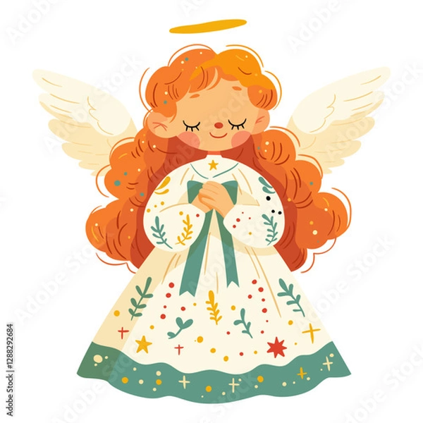 Fototapeta A cute little angel girl is holding a bow with wings and a halo above her head.