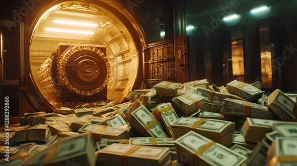 Fototapeta A cinematic view of an open bank vault with piles of cash illuminated by spotlights.