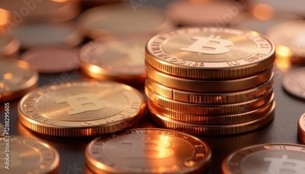 Fototapeta close-up of copper surface with coins stacked neatly , background, coins