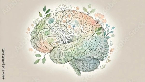 Fototapeta A colorful brain intertwined with flowers and leaves, symbolizing mental health, growth, and creativity. Generated AI.