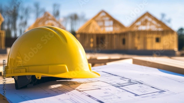Fototapeta A yellow hard hat rests on architectural blueprints at a construction site where new houses are being framed. The sun casts a warm glow over the actively developing neighborhood under clear skies