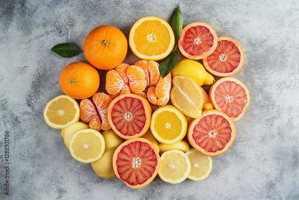 Fototapeta Bright composition with oranges, lemons and grapefruits cut into slices