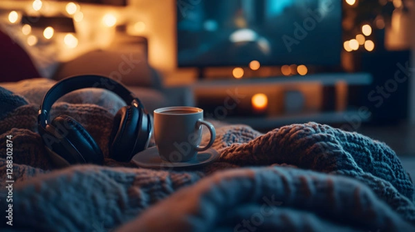 Fototapeta A cozy gaming session in a dimly lit room with a blanket a cup of coffee and headphones on the desk.
