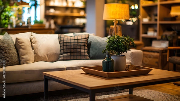 Fototapeta A cozy living room setup in a furniture store featuring a plush sofa coffee table and warm lighting.