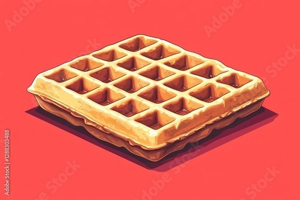 Fototapeta Crispy waffle illustration with warm golden hues, ideal for culinary advertising, bakery labels, and breakfast-themed content, in a traditional hand-drawn style