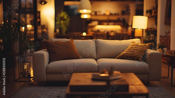 Fototapeta A cozy living room setup in a furniture store featuring a plush sofa coffee table and warm lighting.