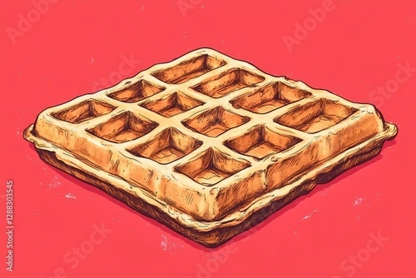 Fototapeta Crispy waffle illustration with warm golden hues, ideal for culinary advertising, bakery labels, and breakfast-themed content, in a traditional hand-drawn style