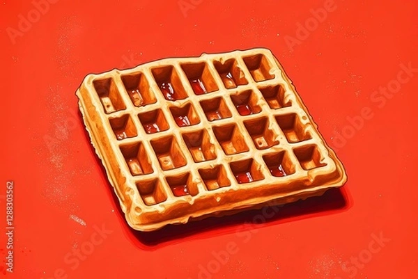 Fototapeta Crispy waffle illustration with warm golden hues, ideal for culinary advertising, bakery labels, and breakfast-themed content, in a traditional hand-drawn style
