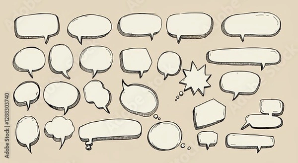 Fototapeta  A collection of hand-drawn speech bubbles with sketchy, playful outlines, ideal for casual and artistic designs. The bubbles are casual and friendly, perfect for creative e-commerce use.