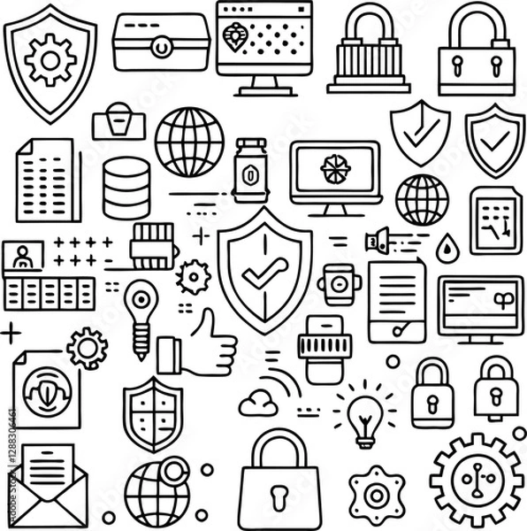 Fototapeta "Security and Protection Thin Line Icons" feature symbols like shields, locks, cameras, and alarms, designed with thin, clean lines. These icons represent security, safety, and protection measures on 