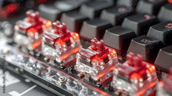 Fototapeta A detailed close-up of a mechanical gaming keyboard with custom keycaps and dynamic RGB effects.