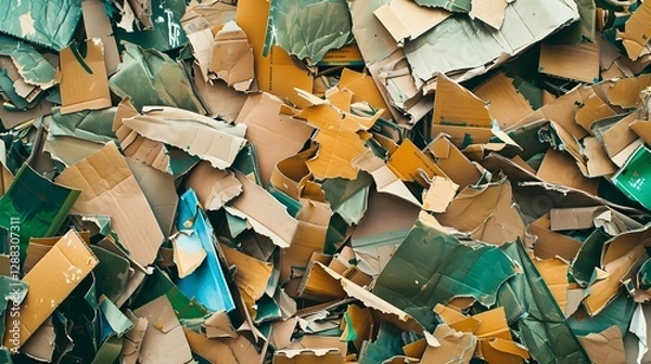 Fototapeta A top-down view of a heap of shredded cardboard pieces in brown, green, and blue tones, suggesting recycling or waste.
