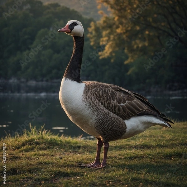 Fototapeta A goose standing tall, looking like a noble guardian of its surroundings.