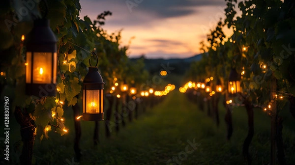 Fototapeta A dramatic scene of a vineyard at dusk illuminated by lanterns and string lights.