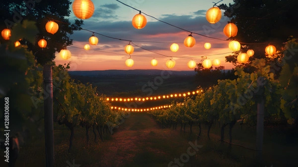 Fototapeta A dramatic scene of a vineyard at dusk illuminated by lanterns and string lights.