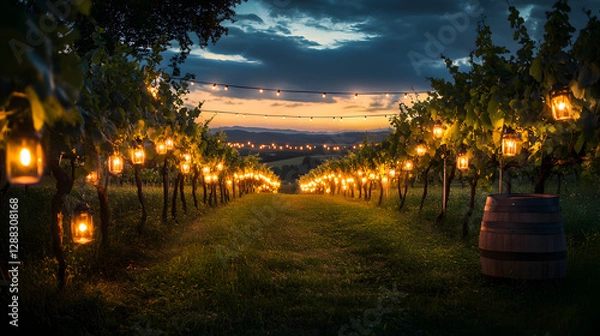 Fototapeta A dramatic scene of a vineyard at dusk illuminated by lanterns and string lights.