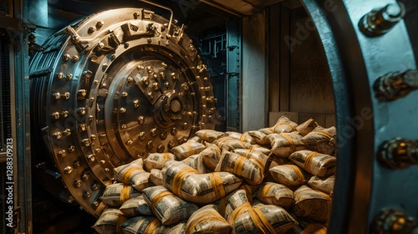 Fototapeta A dramatic view of an open bank vault with overflowing bags of cash.