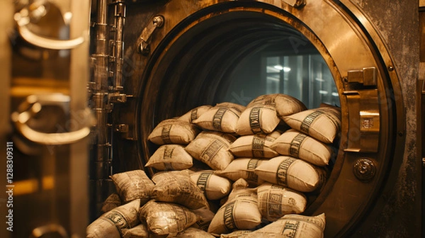 Fototapeta A dramatic view of an open bank vault with overflowing bags of cash.