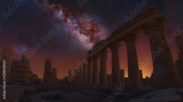 Fototapeta A dramatic view of the Milky Way over an ancient stone ruin.