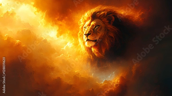 Fototapeta Lion in Fiery Clouds, Majestic Scene