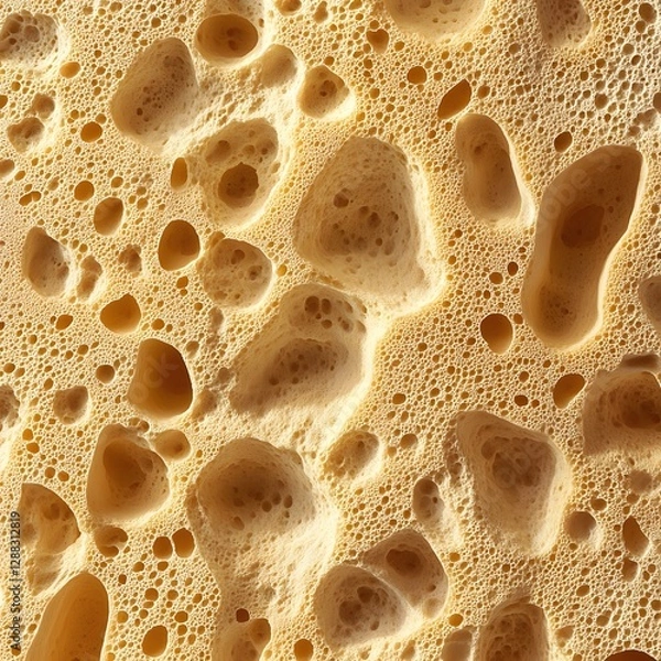 Fototapeta Close-up of a porous yellow sponge-like material with varied sized holes, showcasing texture and detail.