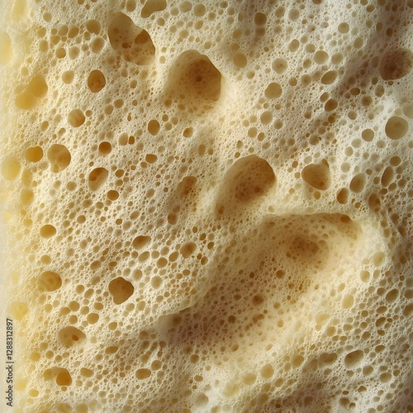 Fototapeta Detailed close-up of a porous, light yellow sponge texture filled with numerous small and large holes.