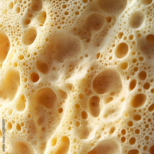 Fototapeta A close-up shot of a yellow, porous, sponge-like material with numerous holes and bubbles filling the frame.