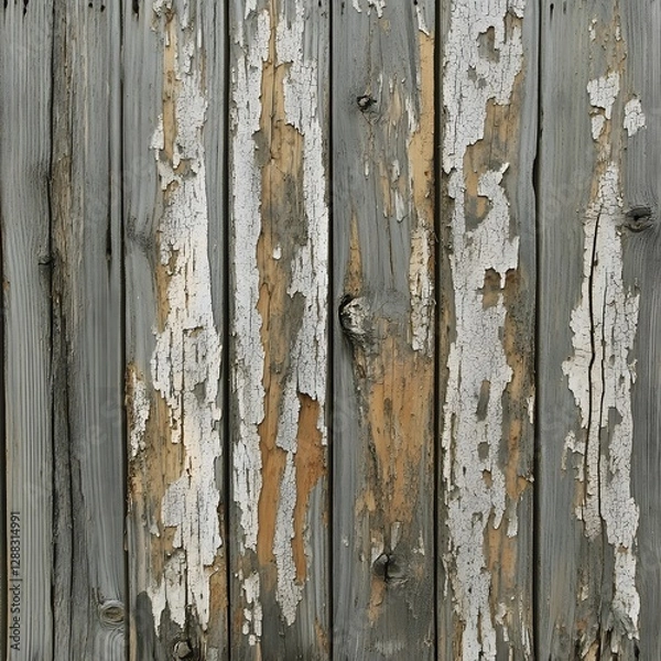 Fototapeta Weathered wooden planks with peeling white paint reveal brown wood underneath. Rustic, textured surface in shades of grey and brown.