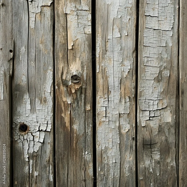 Fototapeta Close-up of weathered wooden planks with peeling paint, showcasing rustic texture and aged wood grain.