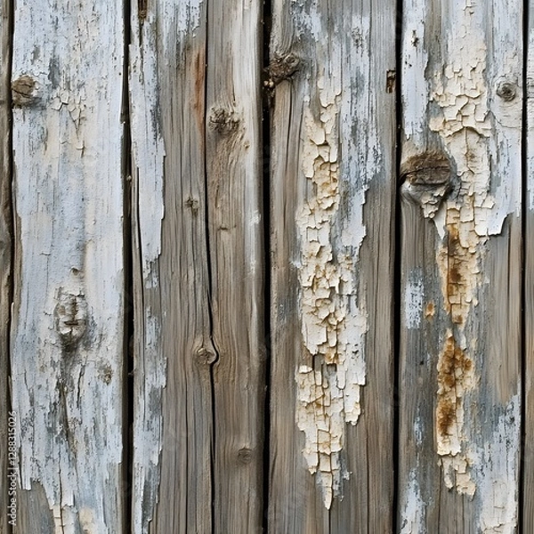 Fototapeta Weathered wooden planks with peeling white paint reveal aged texture and rustic charm, creating a grunge surface.