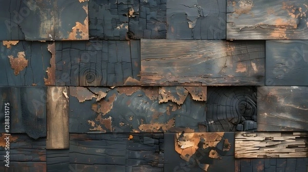 Fototapeta Distressed wooden wall featuring rectangular blocks with weathered, burnt textures and natural wood grain patterns.