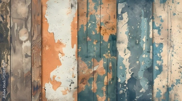 Fototapeta Textured abstract background with vertical panels in brown, orange, green, and blue hues, displaying aged, weathered effects.