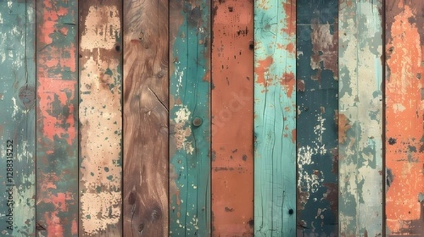 Fototapeta Weathered wooden planks with peeling paint in blue, green, orange, and brown tones, displaying a rustic and aged texture.