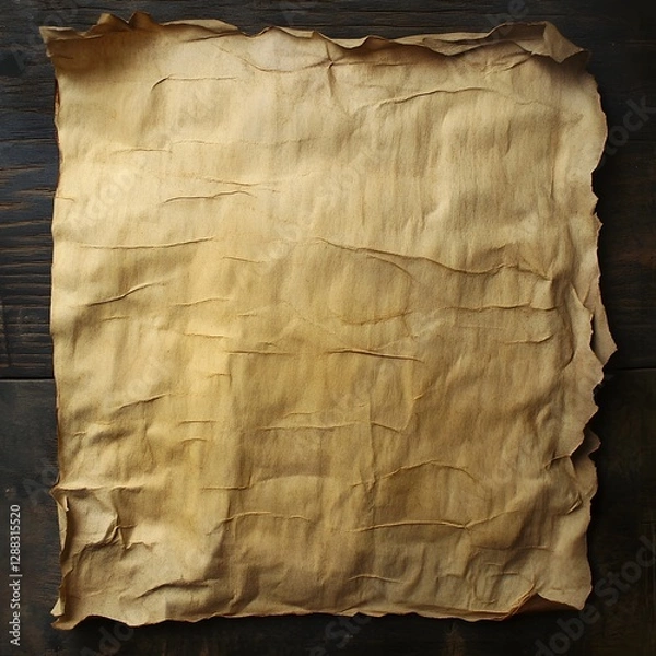 Fototapeta Crumpled, aged parchment paper on dark wood surface.  Texture of old paper, vintage style, blank space for text.