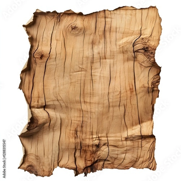 Fototapeta Rough textured wood sheet with torn edges isolated on white. Natural wood grain visible. Brown, beige tones.