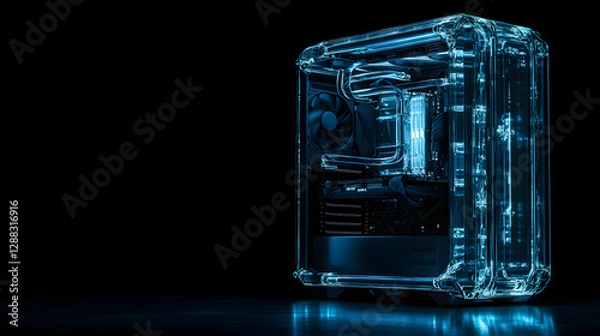 Fototapeta A gamers PC tower featuring a transparent side panel liquid cooling and glowing RGB components.