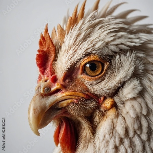 Fototapeta A close-up portrait of a chicken’s face, showing its detailed eyes, beak, and comb on a clean white background.