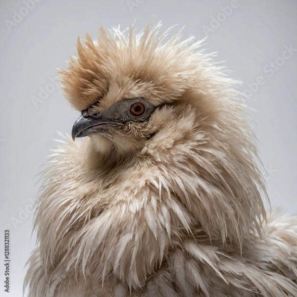 Fototapeta A plump and fluffy Silkie chicken, its soft feathering creating a dreamy effect against a white backdrop.